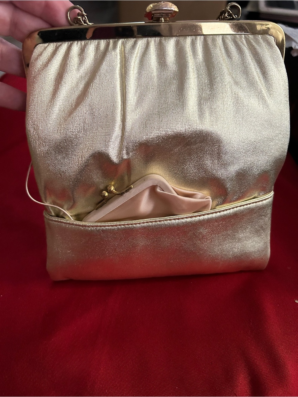 VTG HL Gold Clutch Purse W/Attached Coin Purse & Adj Chain Strap Clasp Closure